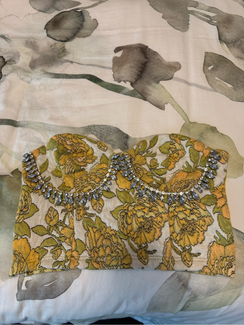 Embellished Yellow Floral Strapless Crop Top